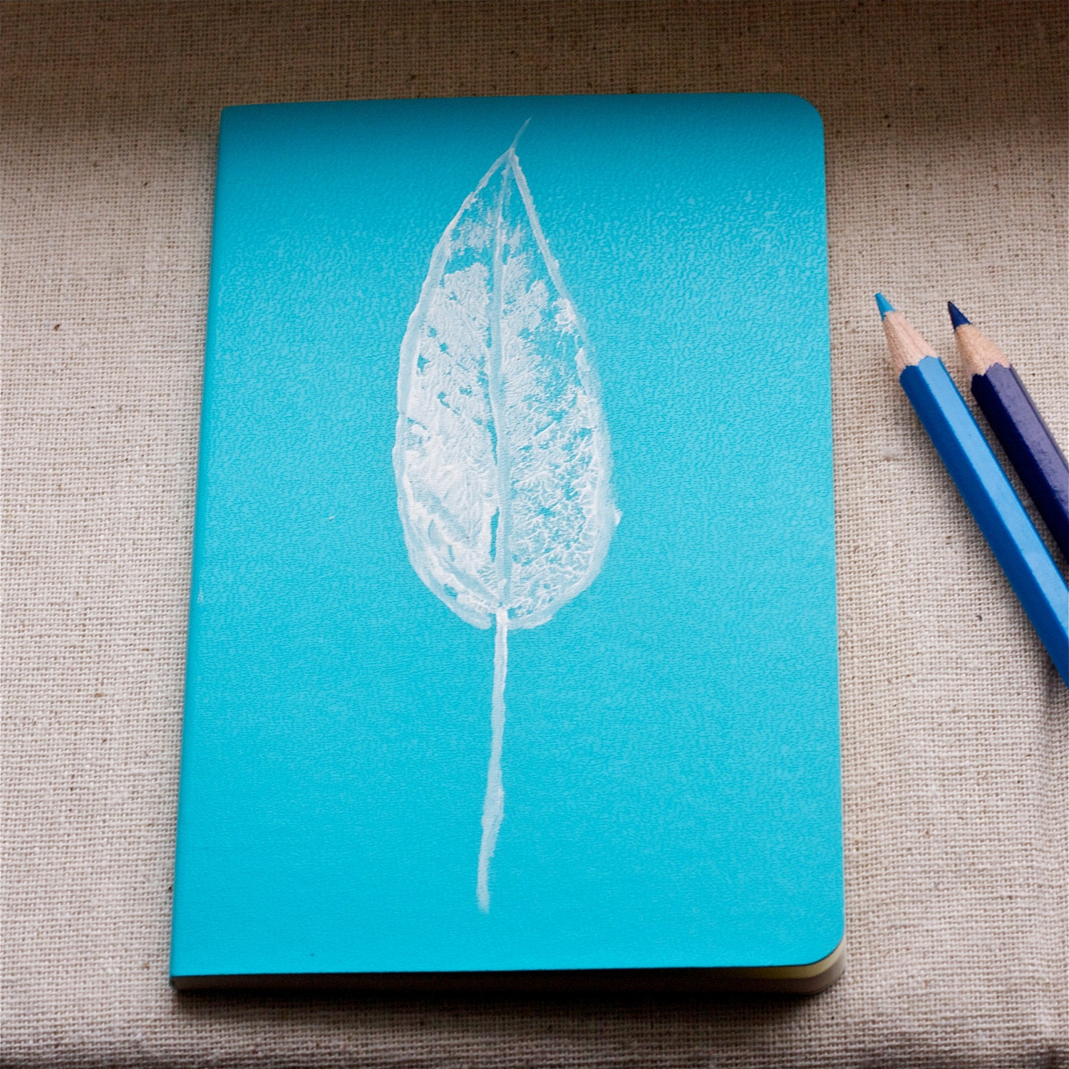 moleskine journal. botanical original print turquoise blue and white leaf gift for nature lover and writer. for man or woman unisex