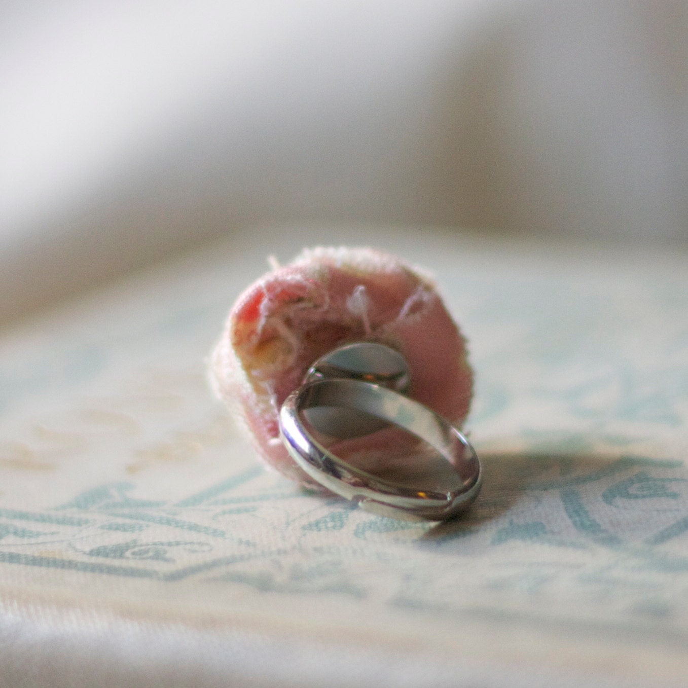 rosette fabric ring rolled rose fabric. fabric flower. rose garden tea party - adjustable silver base - shabby chic and charming