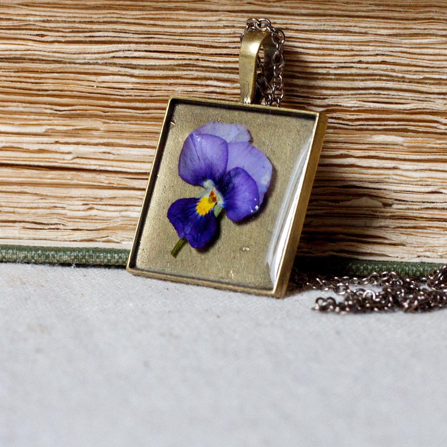 real pressed flower necklace resin necklace purple pansy flower in resin. shabby chic square pendant for spring summer. preserved.