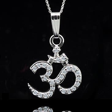 OM AUM Yoga Pendant Necklace 14K White Gold Diamond