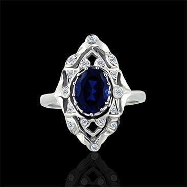 Sapphire Diamond Filigree Ring 14K White Gold
