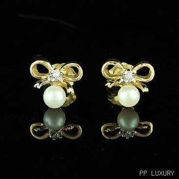 FINAL SALE 30% off Vintage Style Bow Pearl Diamond Baby 14KY Gold Baby Earrings
