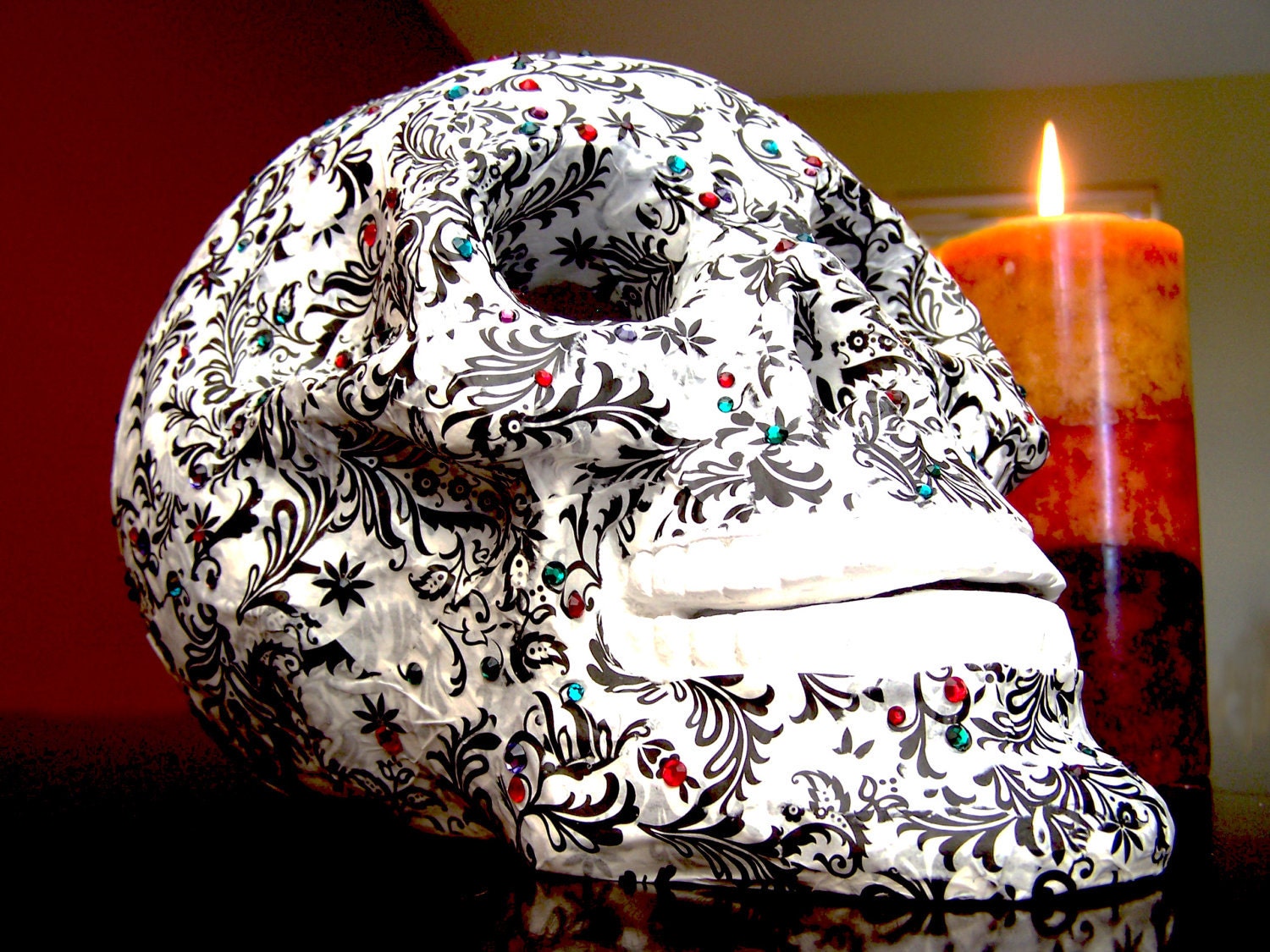 Black and white dia de los Muertos Skull with Swarovski Crystal Detail - ThatCraftyGirlErin