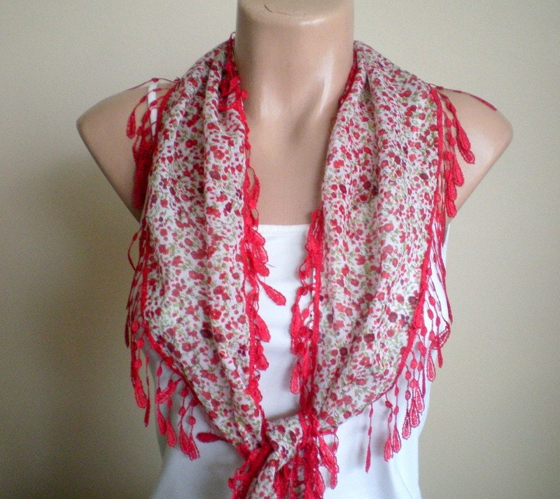 Floral Red Cotton Scarf -Spring Scarf
