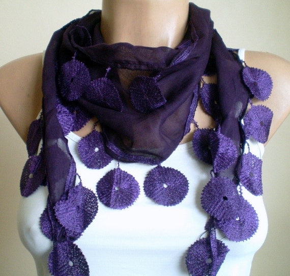 Purple  Scarf Cotton Scarf Headband Cowl with Lace Edge Women Scarf