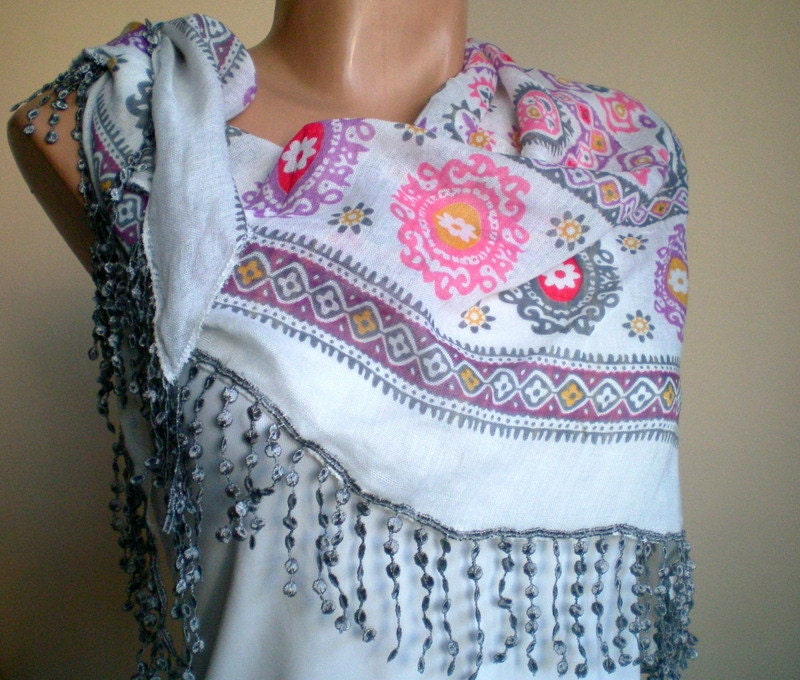 Women Cotton Floral Scarf in Gray Pink Purple Multicolor Frilly Shawl Scarflette Spring Fashion