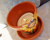 Terra Cotta Candle Holder, Centerpiece, Hand Painted Container "Sunflowers" by Green Orchid Design Studio