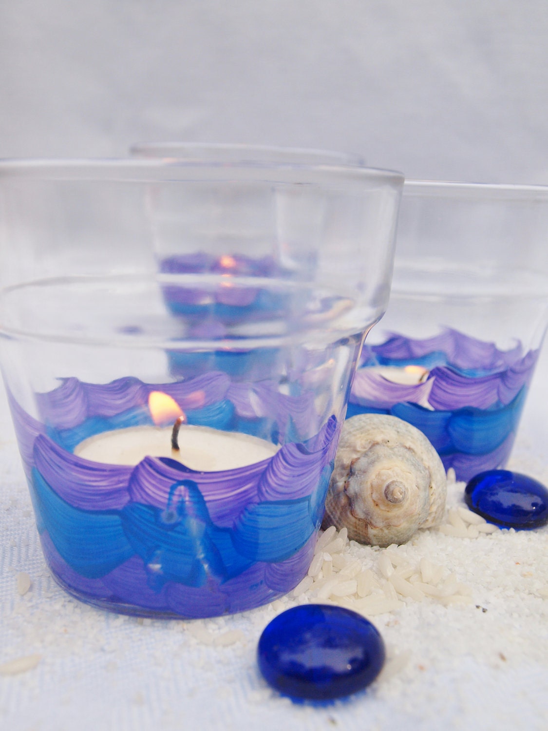 3 Beach Wedding Votive Candles Lighting Blue and by GreenOrchidDS