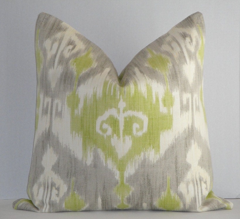 Decorative Pillow Cover / 20 x 20 / Grey / Lime Green / Off White / Ikat On BOTH SIDES