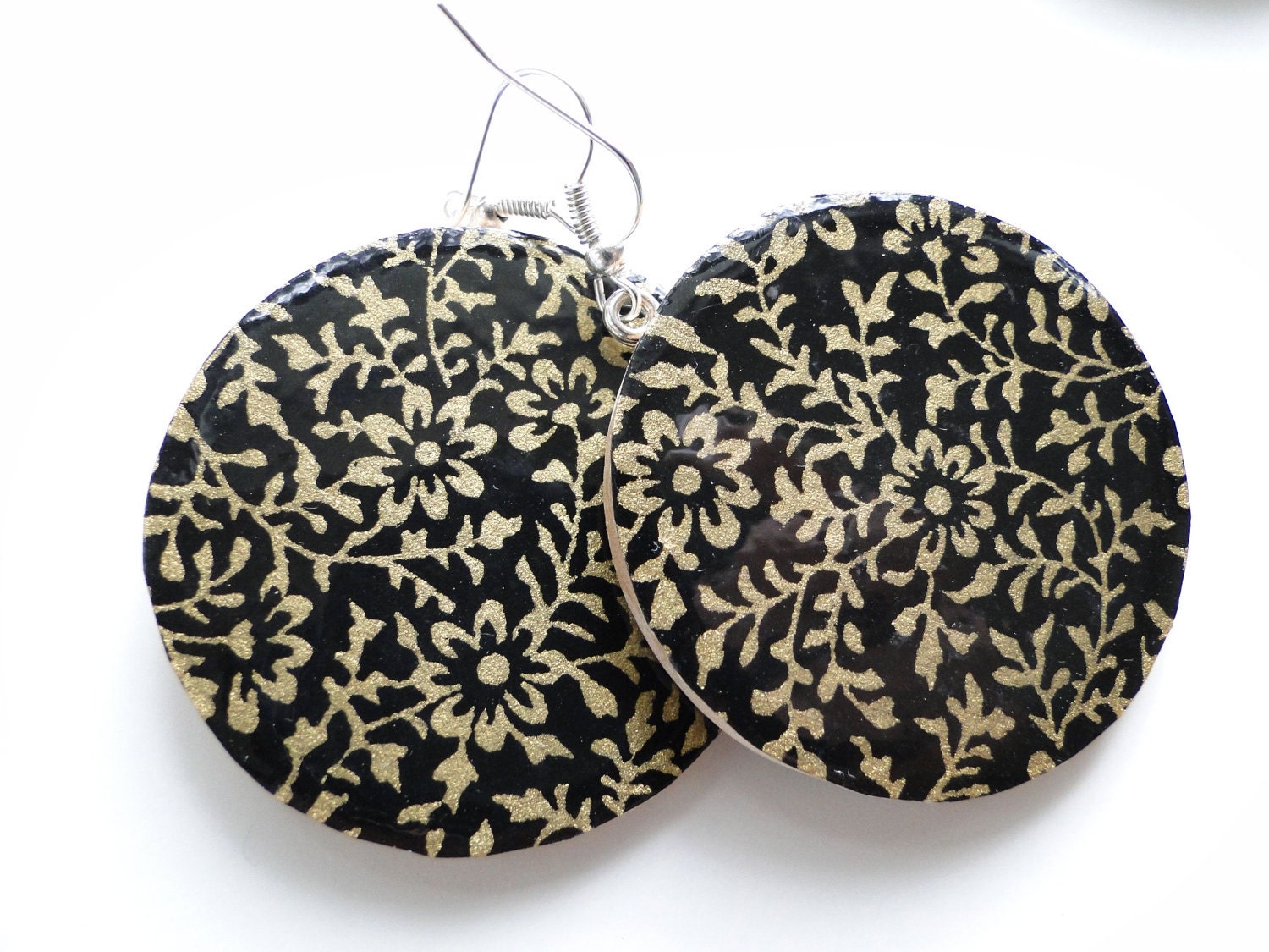 Black and Gold earrings, Japanese Paper and Wood, Halloween, large Dangles, gift under 15