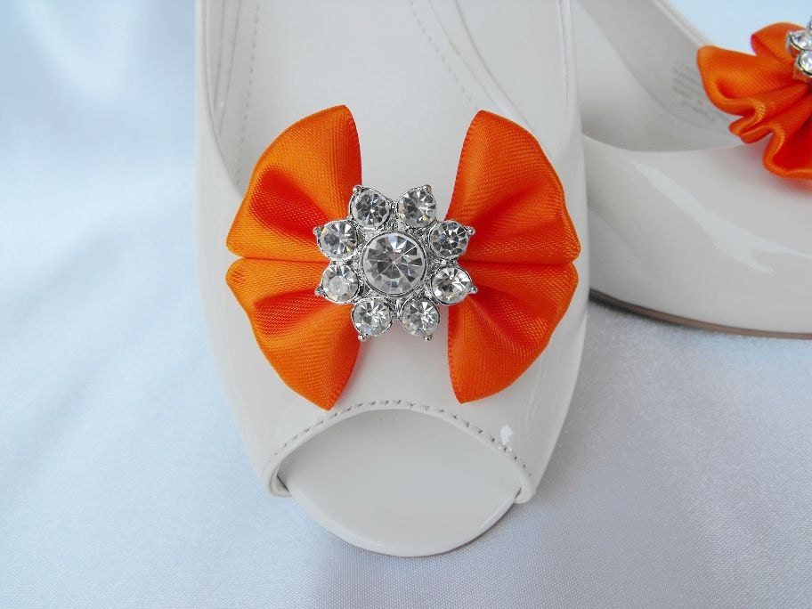 Handmade bow shoe clips with rhinestone center bridal shoe clips wedding accessories in orange