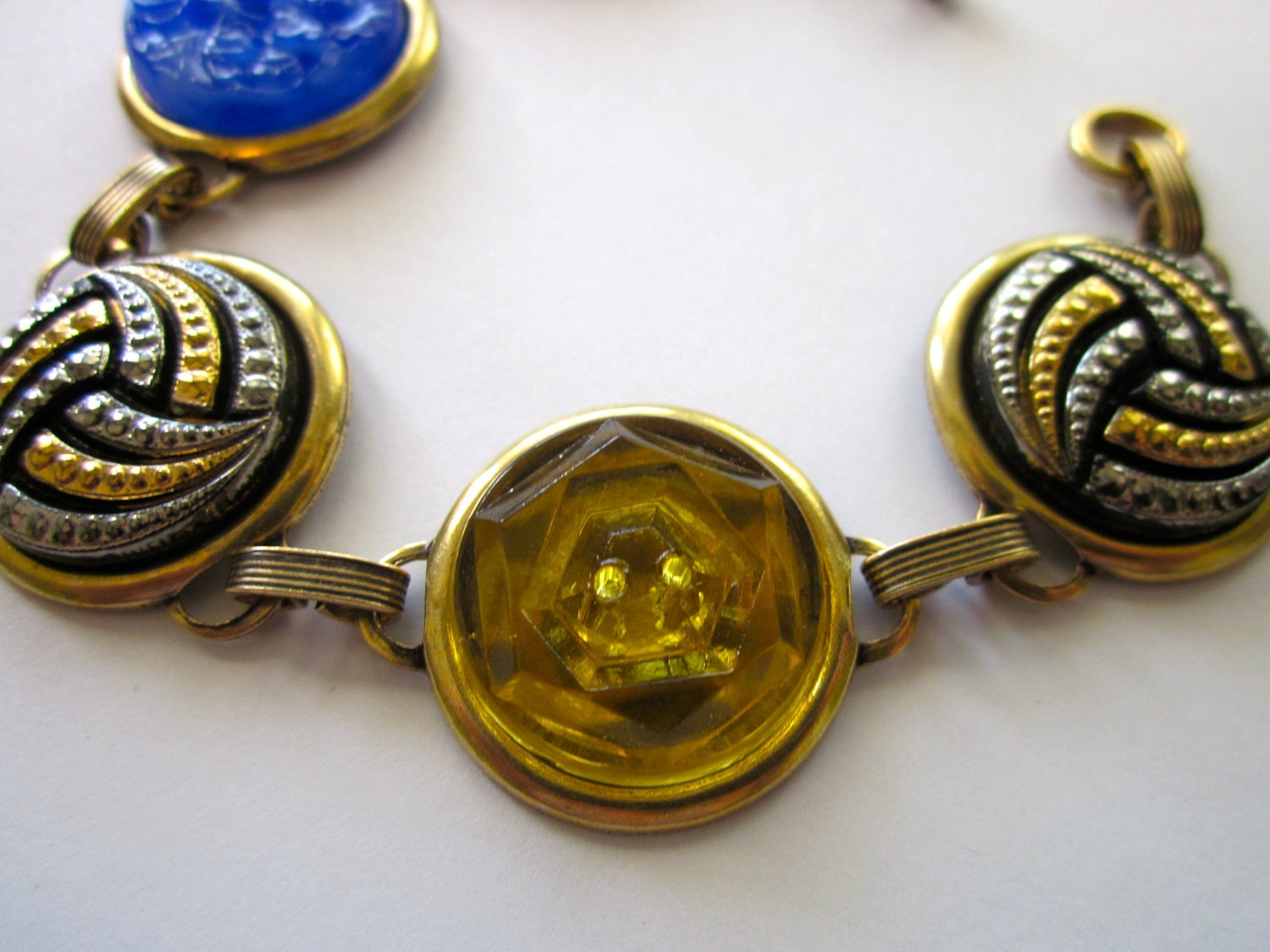 WATER POLO University California antique button bracelet, all glass buttons, blue & gold