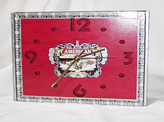 Unique Upcycled Cigar Box Clock Blue Red Desk Shelf Man Cave Office Male Gift