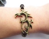 bracelet---antique bronze chinoiserie Chinese Dragon pendant & brown leather chain