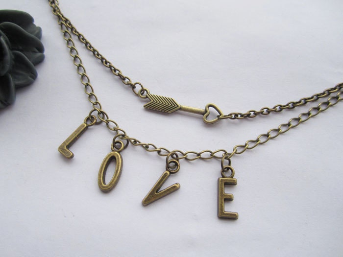 Bracelet---antique bronze LOVE letters and love arrow pendant&alloy double-deck chain