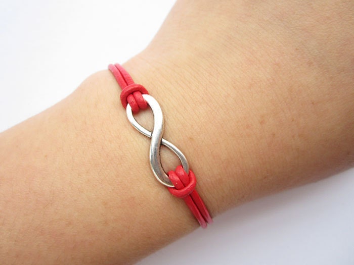 infinity Bracelet---antique silver little karma bracelet---infinity wish&red leather chain