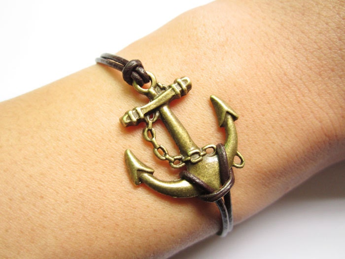 Bracelet---antique bronze anchor&brown leather chain
