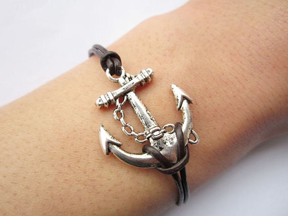 Bracelet---antique silver anchor&brown leather chain
