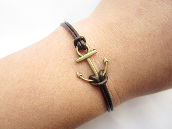 Bracelet---antique bronze little anchor&brown leather chain