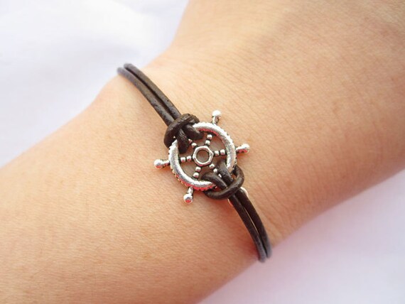 Bracelet---antique silver 3D little rudder&brown leather chain