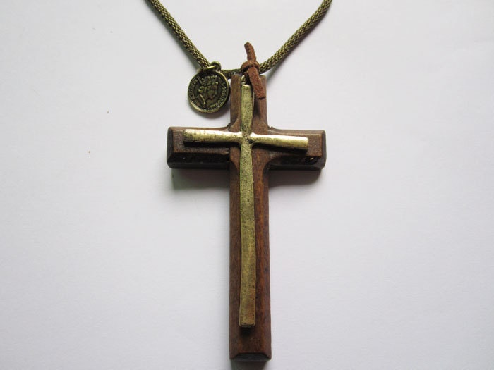 necklace---antique bronze cross and wood cross pendant & alloy chain
