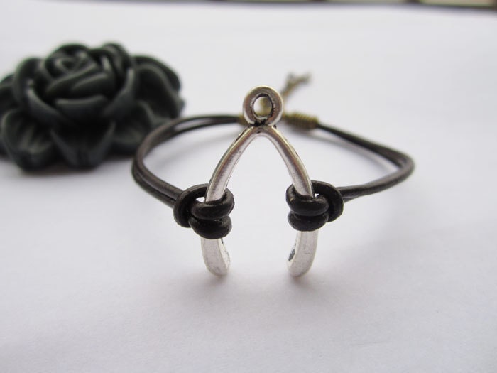 Bracelet---antique silver Wishing bone&brown leather chain