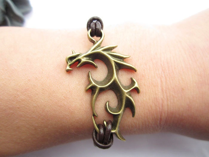 bracelet---antique bronze chinoiserie Chinese Dragon pendant & brown leather chain
