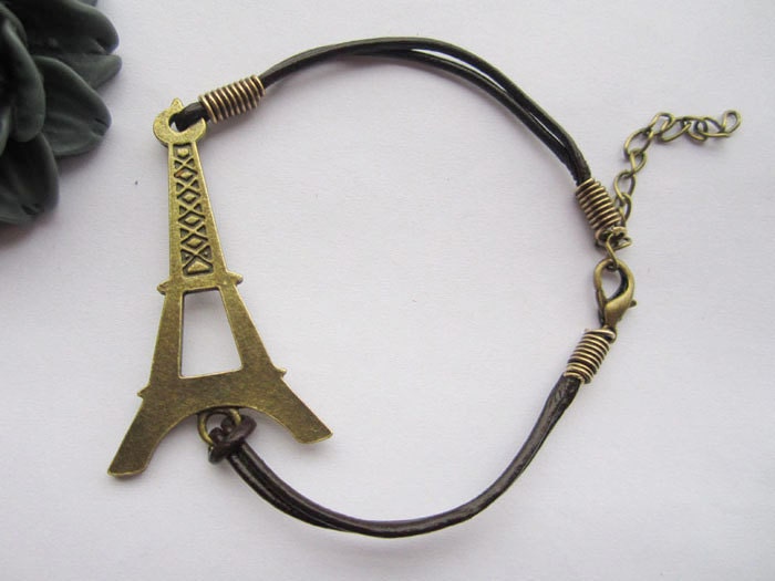 Bracelet---antique bronze big Eiffel Tower & brown leather chain