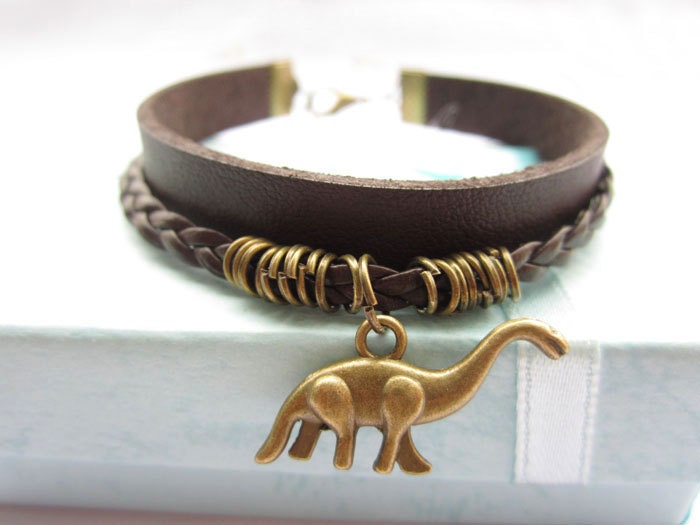 antique bronze little dinosaur Bracelet---double-deck bracelet&brown leather braid chain