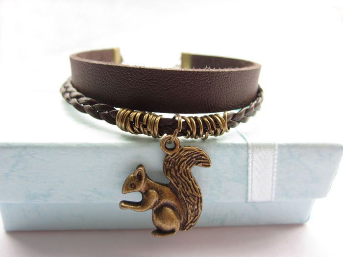 antique bronze squirrel Bracelet---double-deck bracelet&brown leather braid chain