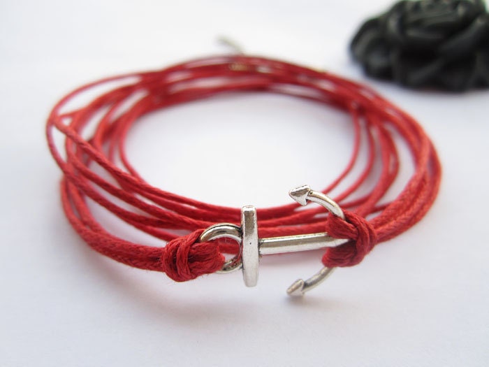 three circles Bracelet---antique silver little anchor&red wax rope chain