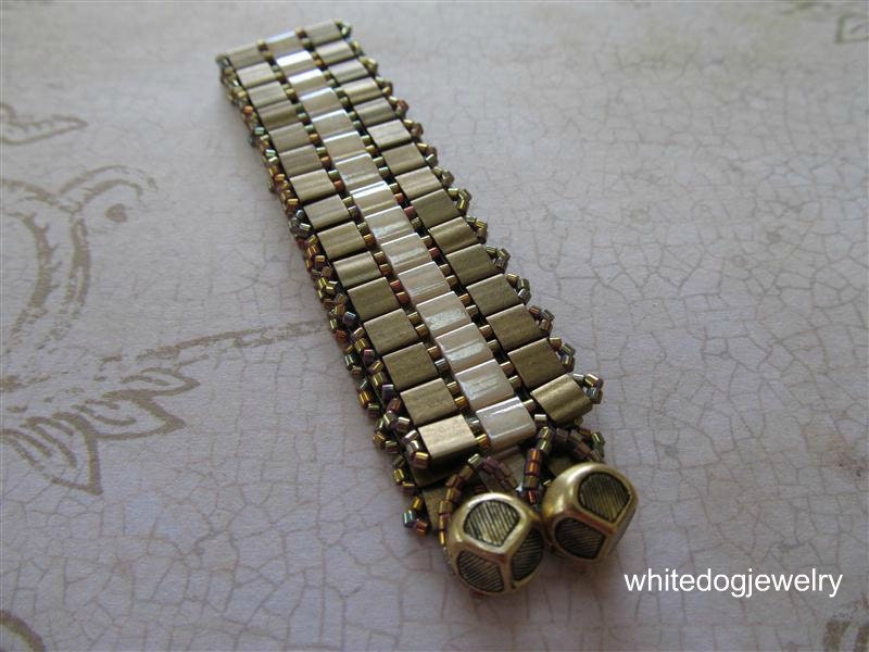 Bracelet - tila beads, bead woven, ivory and gold tones with antique brass button closure - "Golden Glitter"