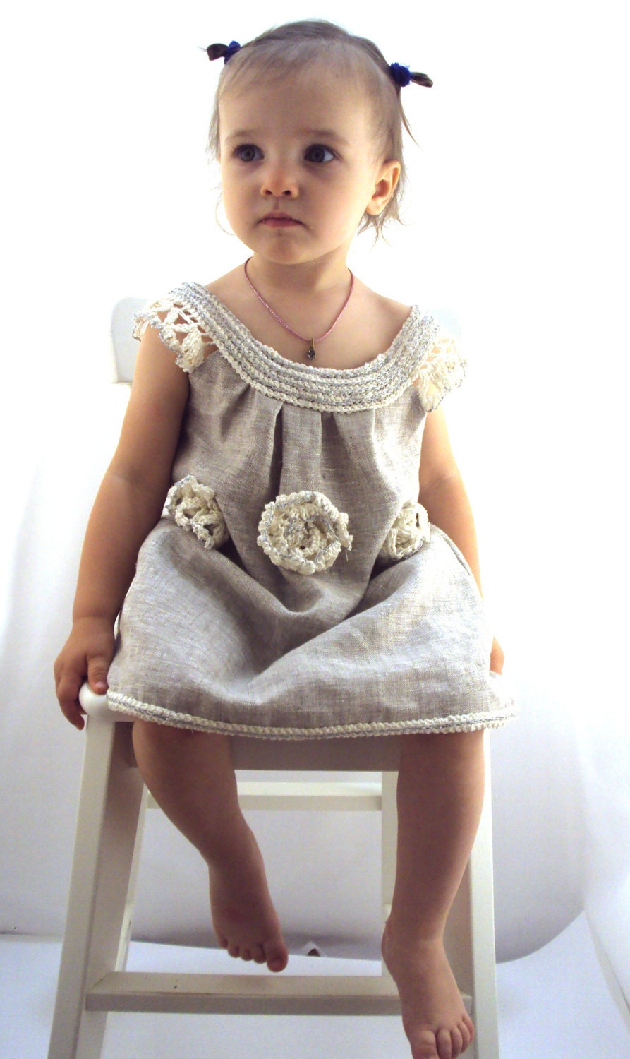 crocheted /sew organic linen baby/ toddler/girl flower dress/tunic with lacy edge "White peonies"