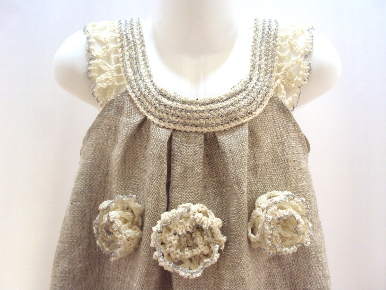 crocheted /sew organic linen baby/ toddler/girl flower dress/tunic with lacy edge "White peonies"