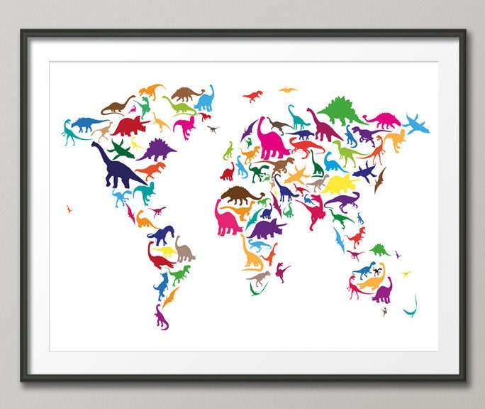 Dinosaur Map of the World Map, Art Print, 18x24 inch (777)