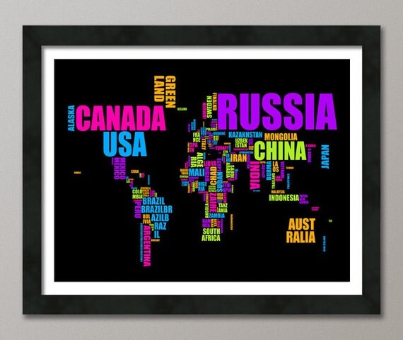 Typographic Text Map of the World Map, Art Print 18x24 inch (672)