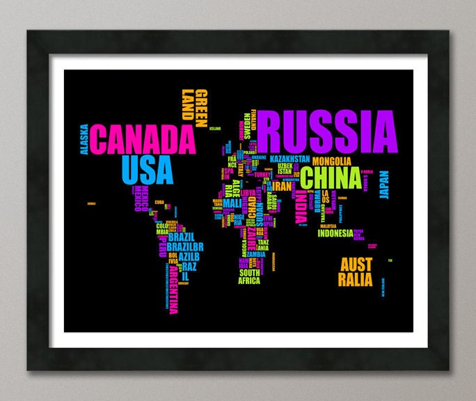 Typographic Text Map of the World Map, Art Print 18x24 inch (672)