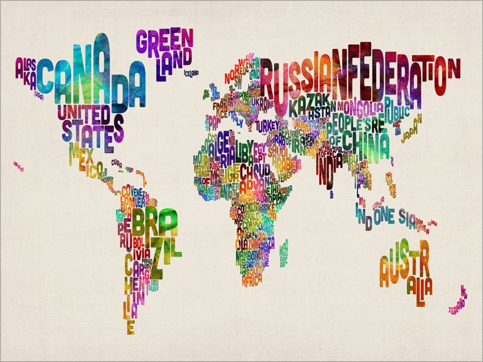 Typographic Text Map of the World Map, Art Print 24x36 inch (889)