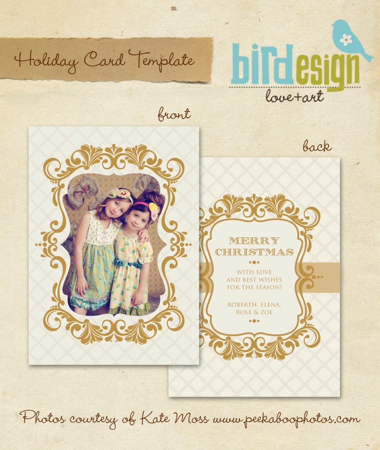 INSTANT DOWNLOAD - Holiday Card Photoshop Template - Vintage gold frame - E124