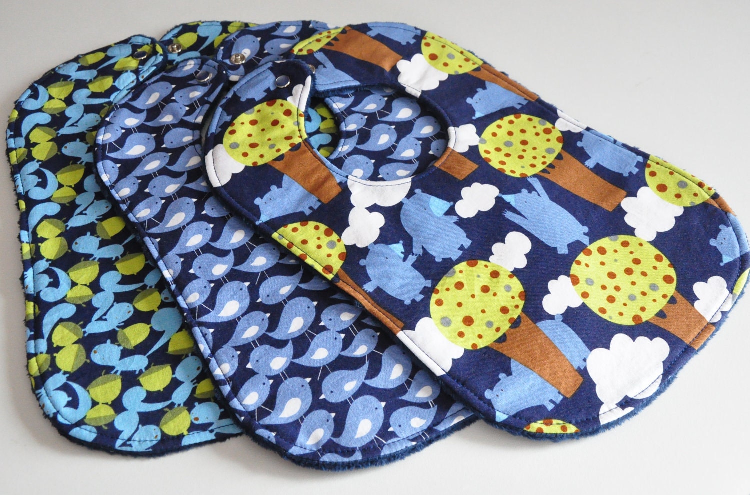 Baby Bibs in squirrels, birds and bears (set of 3)