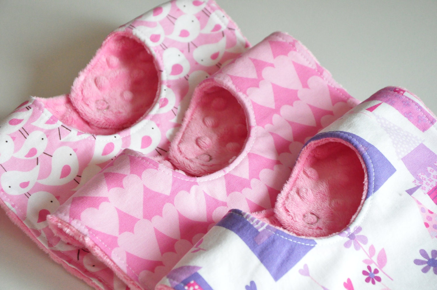 Baby Bibs set of 3 Minky in Castles, Hearts and Bird fabric