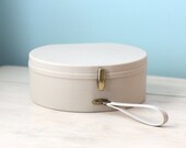 Vintage Luggage, Round, Carrier, Cosmetic, Beige, Hard Case, Plastic, Removable Tray, Dividers, Loop Handle