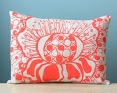 Polka Dot Flower Linen Pillow Cover Decorative Cushion Throw 12x16 Lumbar Floral Design Coral Orange Hand-Print Screen Print Hostess Gift