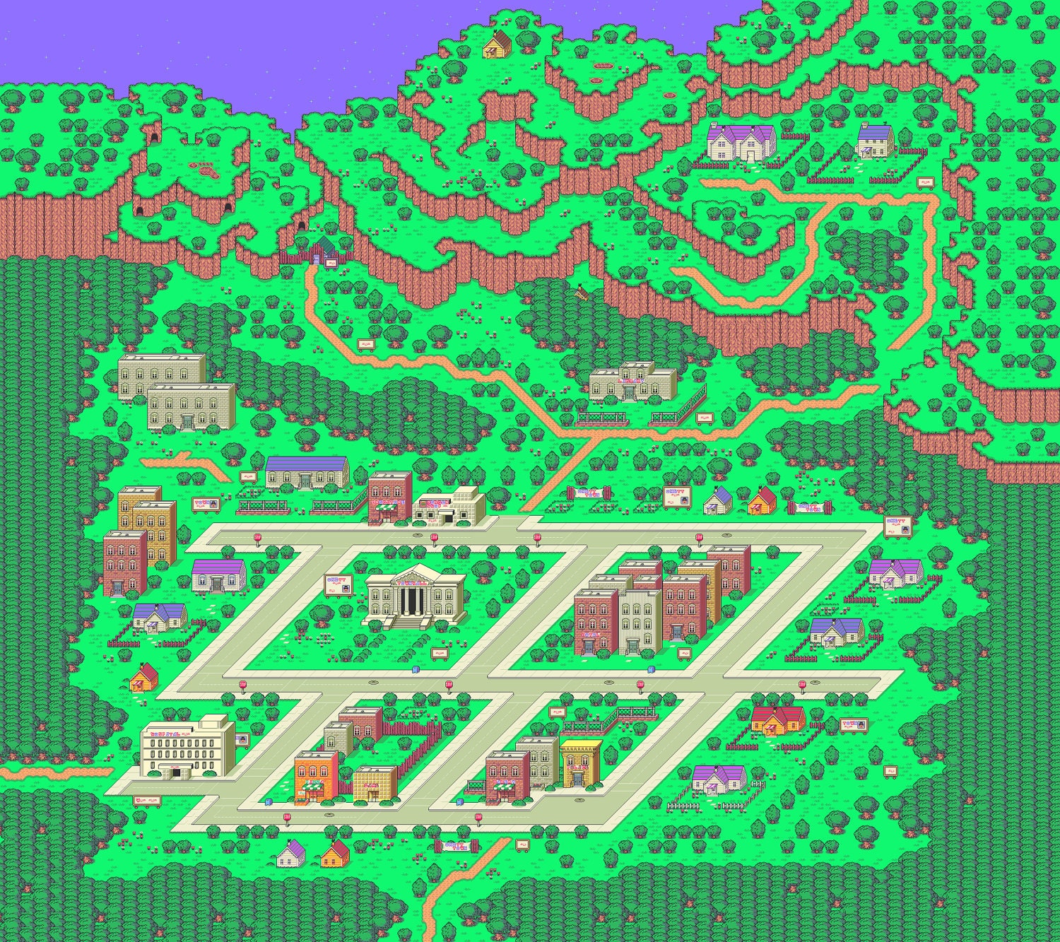 36x32 Onett Town Map Poster Earthbound SNES printed on silk