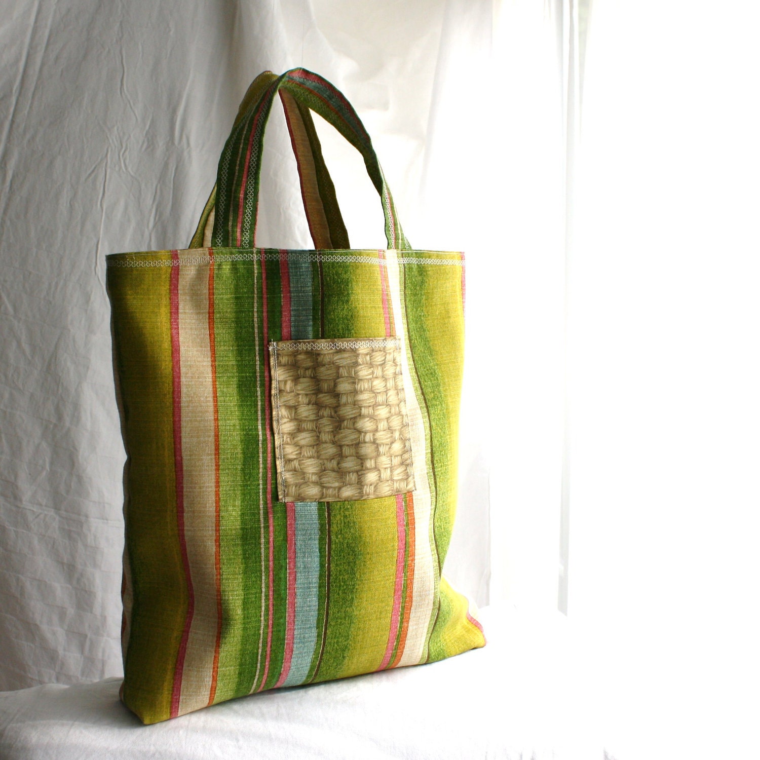 Oversized beach bag / market tote:  Tropical stripes, basketweave waterproof lining & pockets