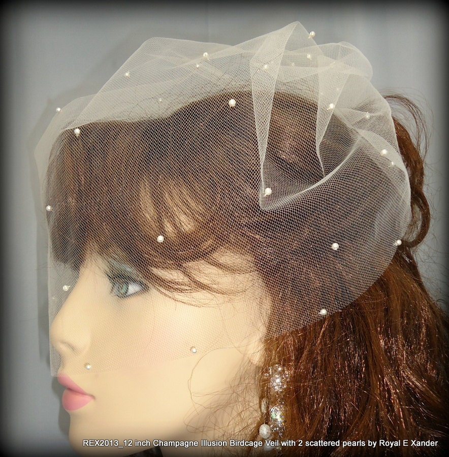 12 Inch Champagne Bridal Illusion Blusher Birdcage Veil - Adorned with Ivory Pearls