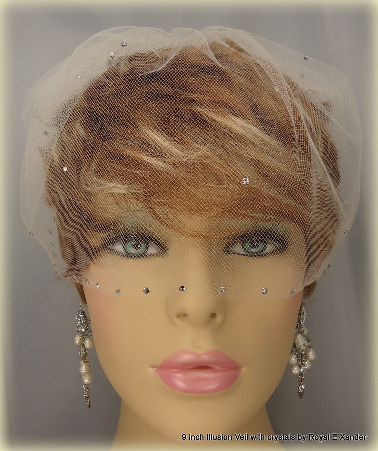 9 inch Ivory Illusion Blusher Veil with Crystals Wedding Birdcage Veil