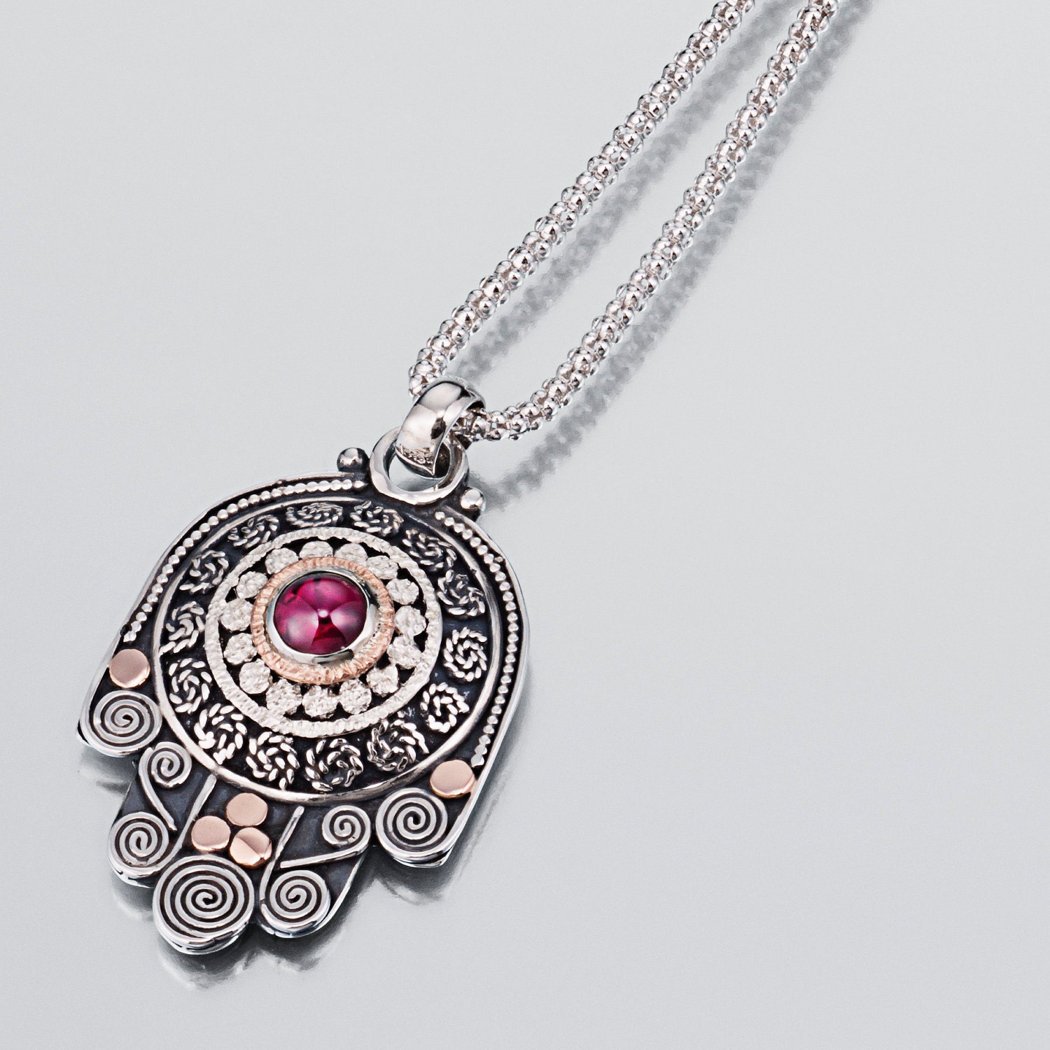 14k Gold Garnet Handmade Hamsa on Sterling Silver Chain