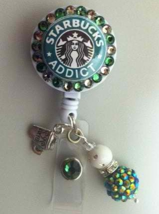 Starbucks Addict ID Badge Retractable Reel Swarovski with Coffee Charm and  Beads