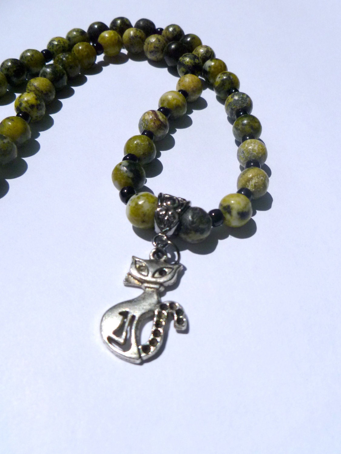 Yellow Turquoise Stone Necklace with Cat Pendant